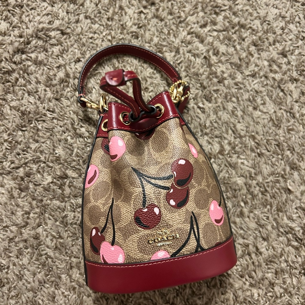 Coach Cherry Print Mini Bucket Bag - Red and Tan
